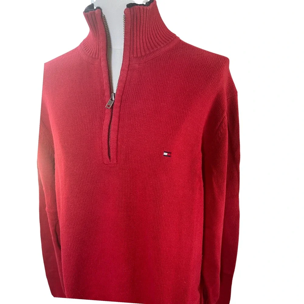 Quarter Zip Mock Neck Sweater Red Tommy Hilfiger Mens Pullover  Preppy M